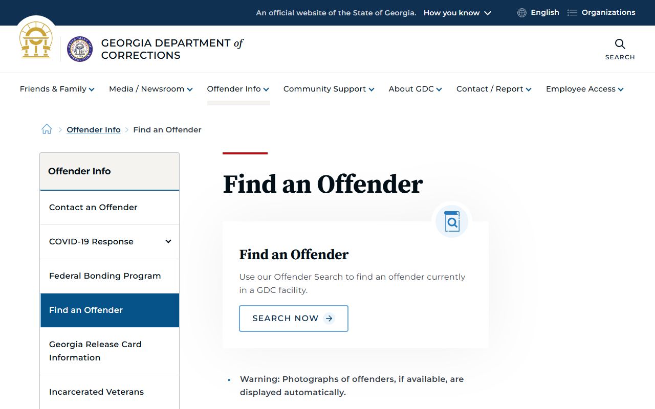 Georgia Department of Corrections Find an Offender page with verification language