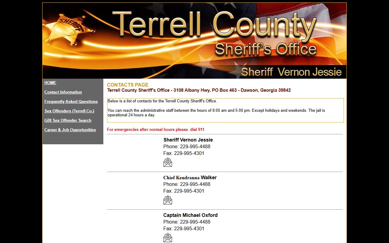 Terrell County Sheriff contact page with jail and administrative contacts