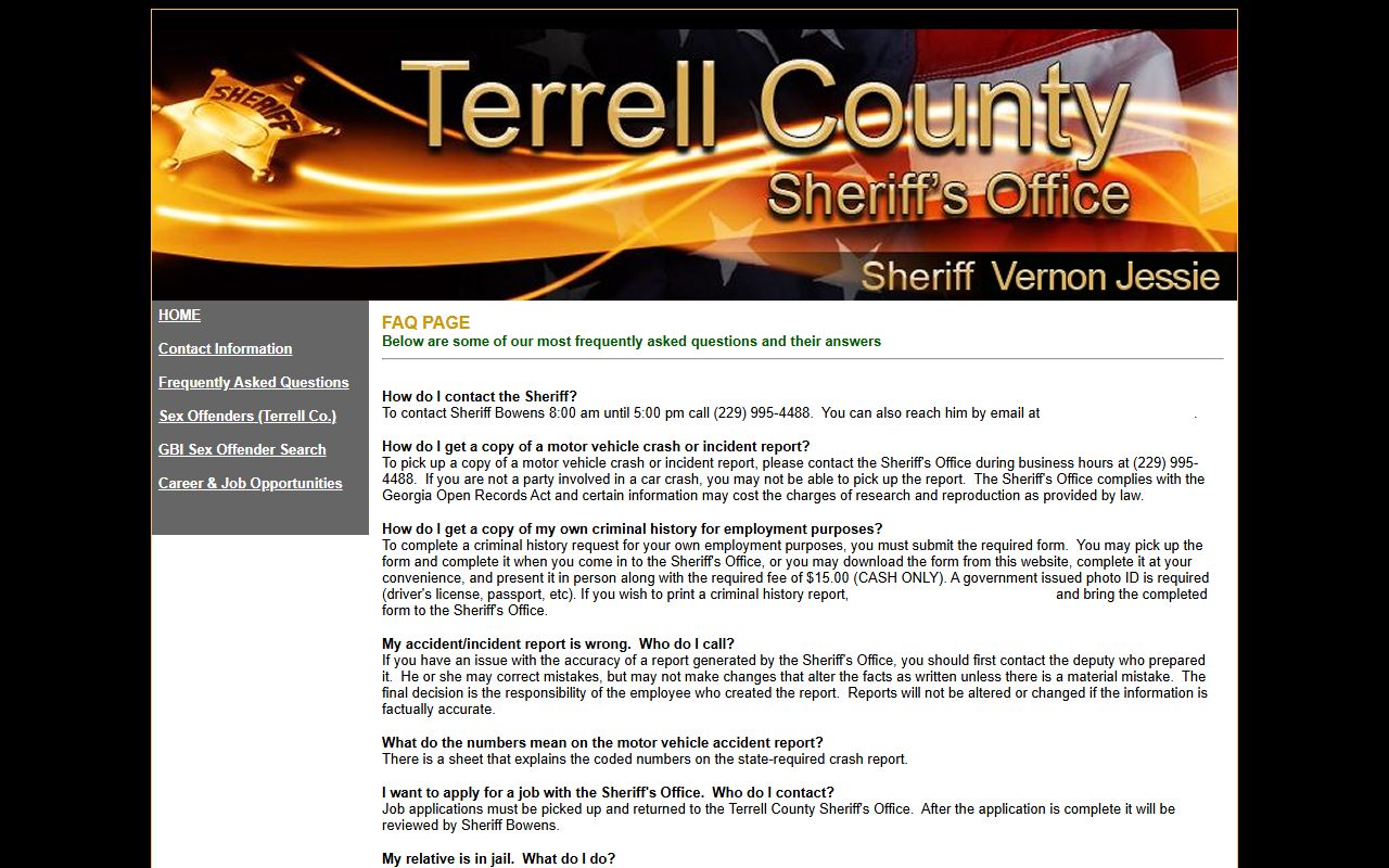 Terrell County inmate records sheriff FAQ and records request instructions